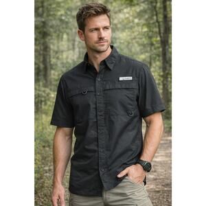Habit Men's Short Sleeve Vented Fishing Shirt Sm Black Button Up Outdoor UPF 40